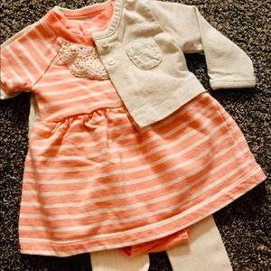 Pink baby girl dress with tights and gray cardigan